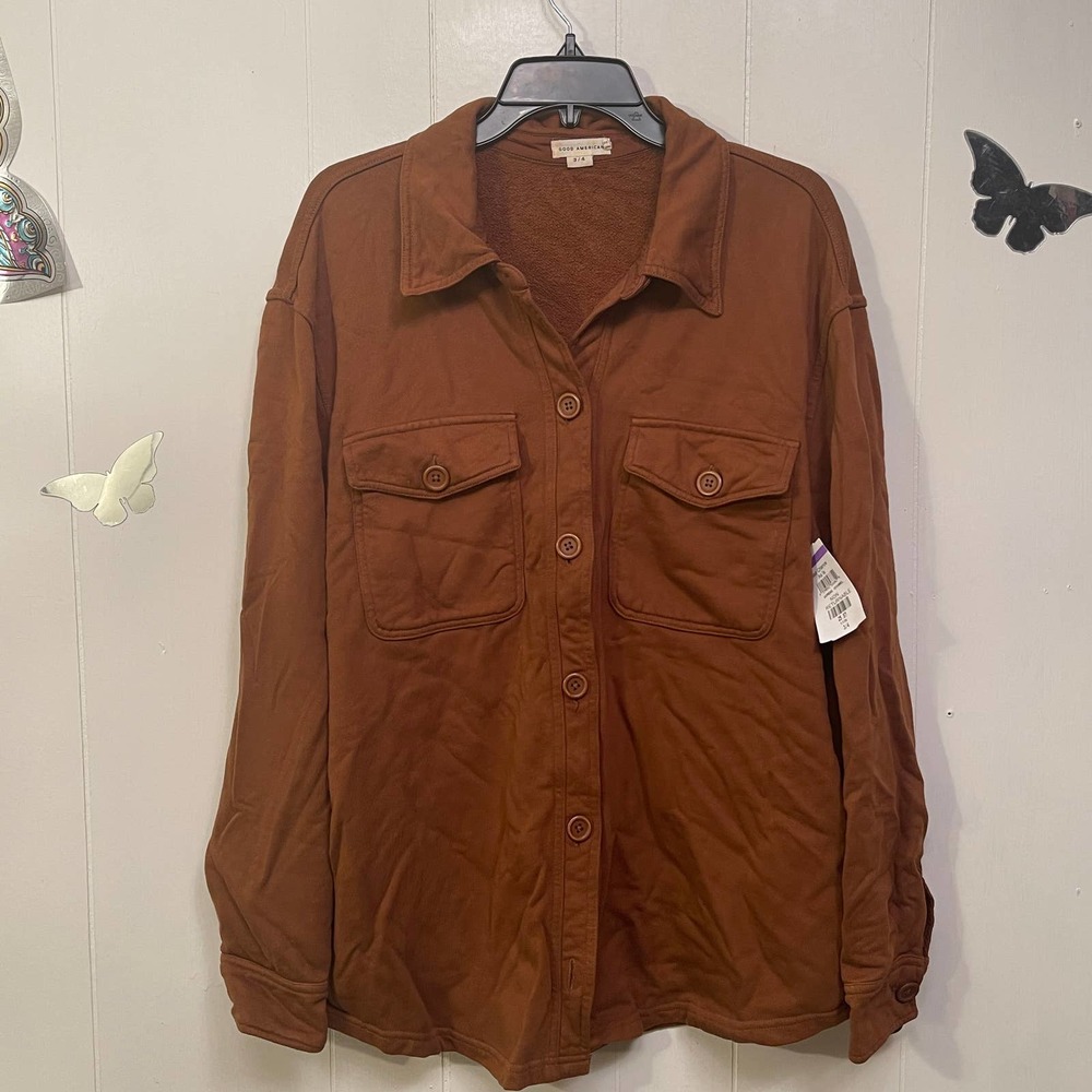 Good American Chest-Pocket Rust Brown Utility Shirt Jacket